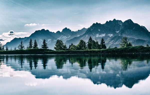 Горы и зеленый лес отражаются в воде