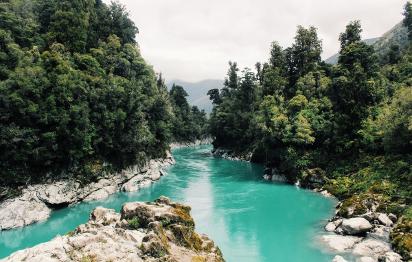 Голубая вода горной реки в лесу