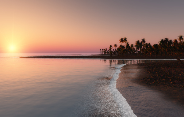 Закат солнца на горизонте у спокойного моря в тропиках 