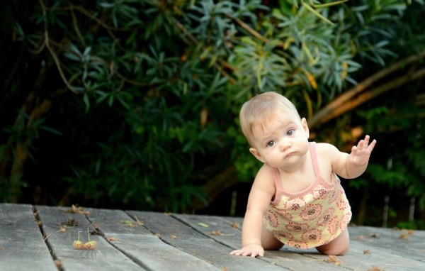 Маленькая девочка ползет по деревянному мосту