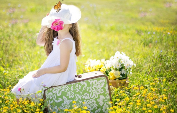 Маленькая девочка сидит на чемодане на поле с цветами