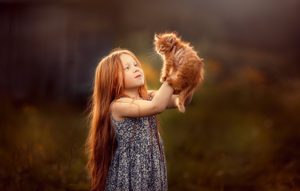 Маленькая рыжеволосая девочка с рыжим котенком в руках