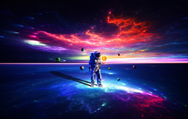 Астронавт на поверхности земли с планетами