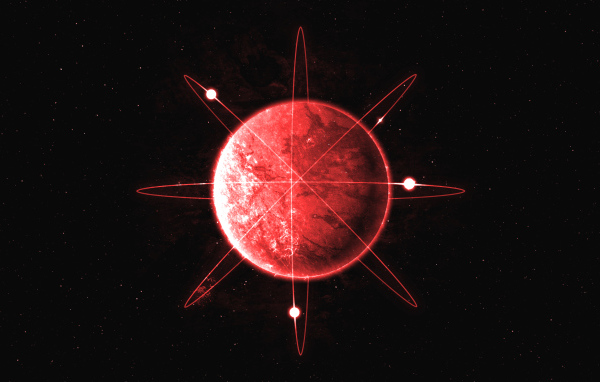 Красная планета с кольцами на фоне черного неба