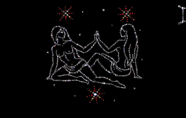 Блестящий знак зодиака близнецы на черном фоне