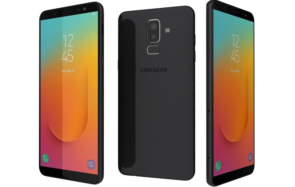 Черный смартфон Samsung Galaxy J8 на белом фоне