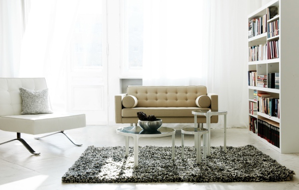 Светлая гостиная с книжным шкафом, диваном и креслом