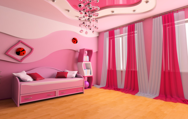 Детская комната в ярком розовом цвете с необычной люстрой 