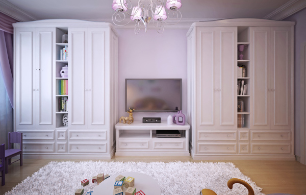 Детская комната с двумя большими белыми шкафами 
