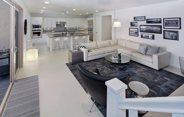 Gray living room combined with kitchen