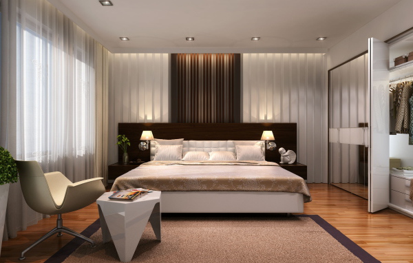 Large bed in a spacious bedroom with closet