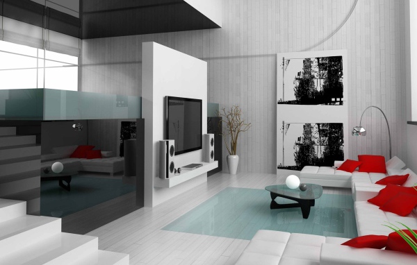 Гостиная комната с зеркальной стеной и белым диваном