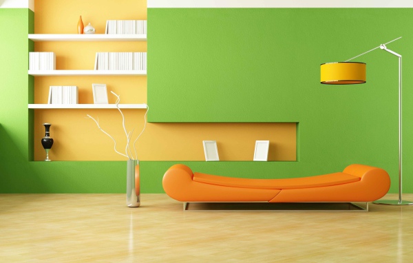 Комната в стиле минимализм с зеленой стеной 