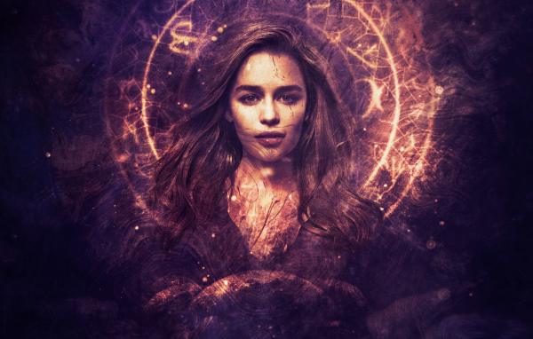 Лицо актрисы Эмилии Кларк на светящемся фоне,  фентези