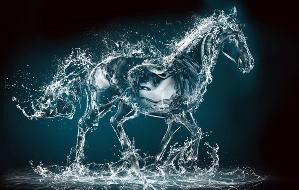 Конь из воды на черном фоне, 3д графика