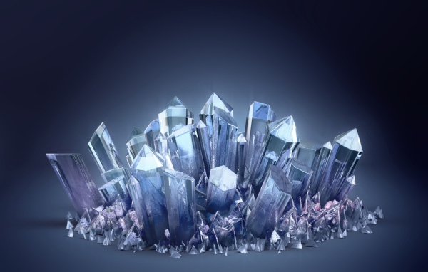 Many crystals of different shapes 3D graphics