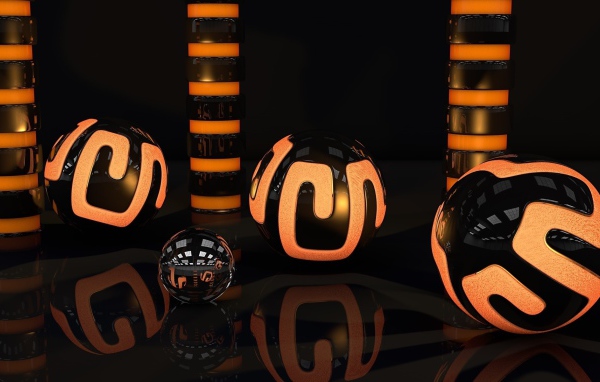 Оранжево-черные 3д шары отражаются в поверхности 