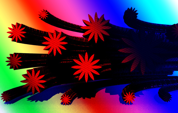 Красные цветы на разноцветном фоне, 3д графика 