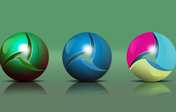 Три разноцветных 3д шара на зеленом фоне 