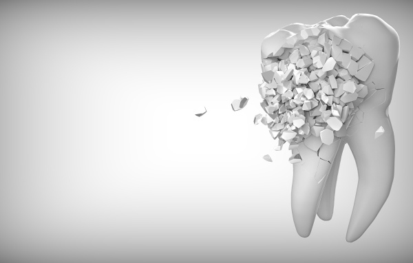 Зуб распадается на сером фоне, 3д графика 