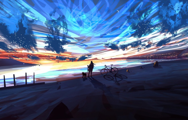 Девушка аниме смотрит на фантастическое небо 