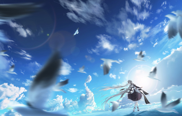 Anime girl on a background of blue sky with birds