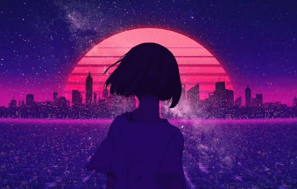 Девушка аниме на фоне ночного мегаполиса 