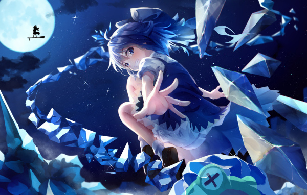 Девушка аниме с голубыми волосами бросает кристаллы 
