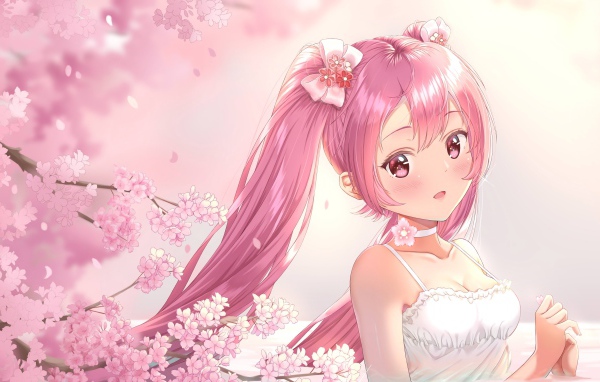 Anime girl with pink hair in a white dress