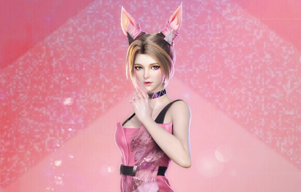 Девушка аниме с ушами белки на розовом фоне