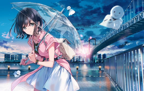 Anime girl with umbrella on the bridge