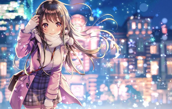 Девушка азиатка с длинными волосами зимой на улице