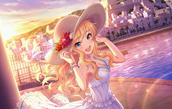 Красивая девушка аниме в шляпке у реки 