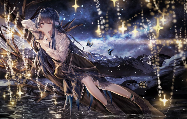 Красивая девушка аниме лежит на дереве у воды