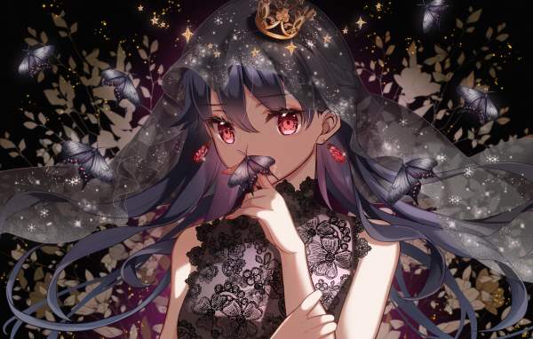 Красивая девушка аниме с бабочкой на пальце