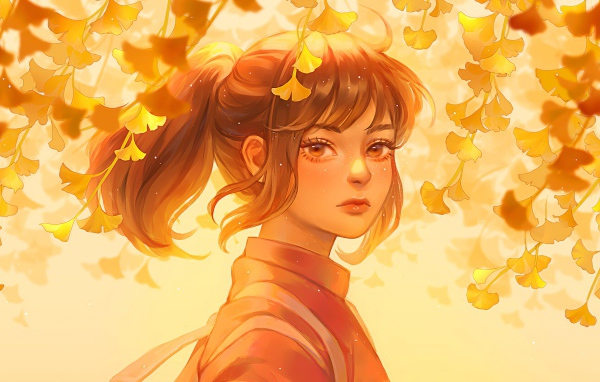 Красивое лицо девушки аниме на фоне листьев 