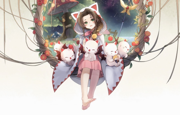 Милая девушка аниме с котятами на белом фоне