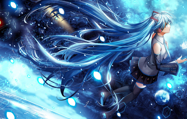 Девушка аниме Мику Хацунэ с длинными голубыми волосами  в космосе