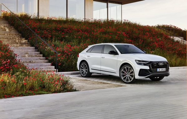 Белый автомобиль Audi Q8 60 TFSI E Quattro S Line 2020 года