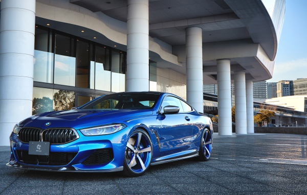 Синий автомобиль BMW M850i XDrive Coupe 2020 года у здания 