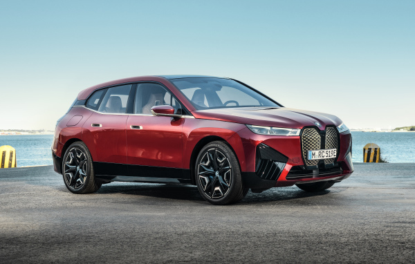 Бордовый автомобиль BMW IX 2021 года у воды
