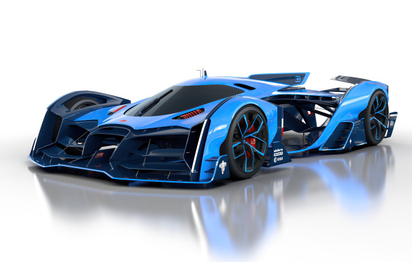 Синий спортивный автомобиль Bugatti Vision Le Mans, 2021 года на белом фоне