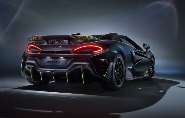 Быстрый McLaren MSO 600LT Spider Segestria Borealis 2020 года вид сзади