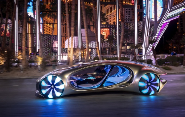 Автомобиль Mercedes-Benz VISION AVTR, 2020 года с неоновыми колесами