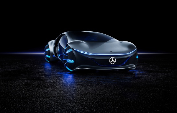 Футуристический автомобиль Mercedes-Benz VISION AVTR 2020 года на черном фоне