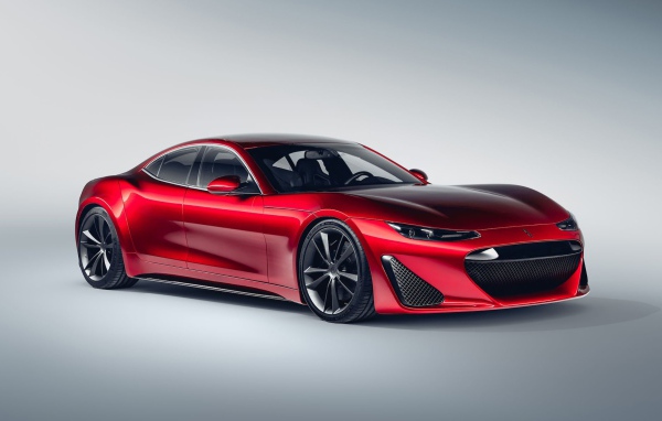 Красный автомобиль Drako GTE, 2020 года на сером фоне