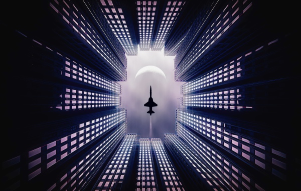 Самолет летит над небоскребами 