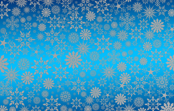 Голубой фон с разными белыми снежинками