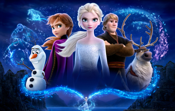 Cartoon characters Frozen 2 on a background of mountains