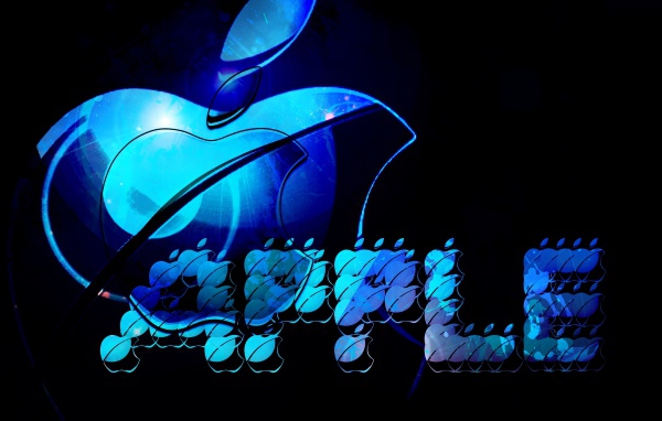 Blue neon Apple logo on a black background